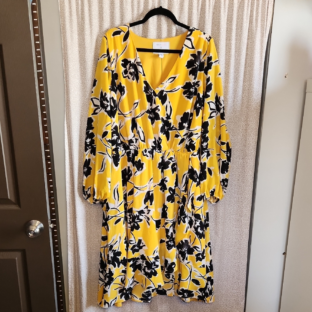 Lane Bryant Yellow Floral Long Sleeve V-Neck Dress
